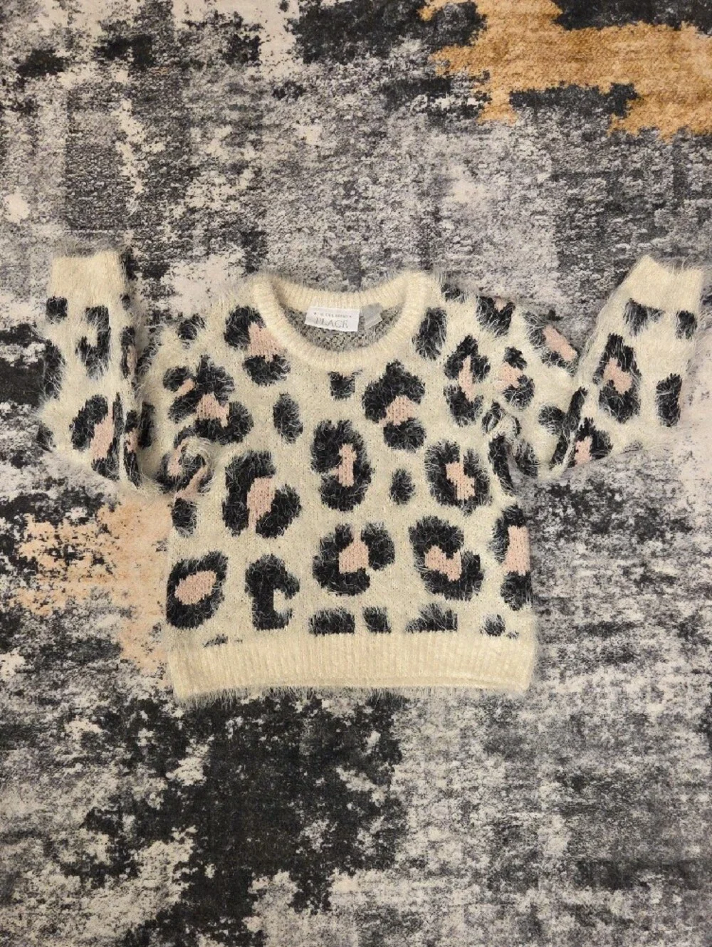 The Children's Place Cream & Pink Leopard Fuzzy Sweater